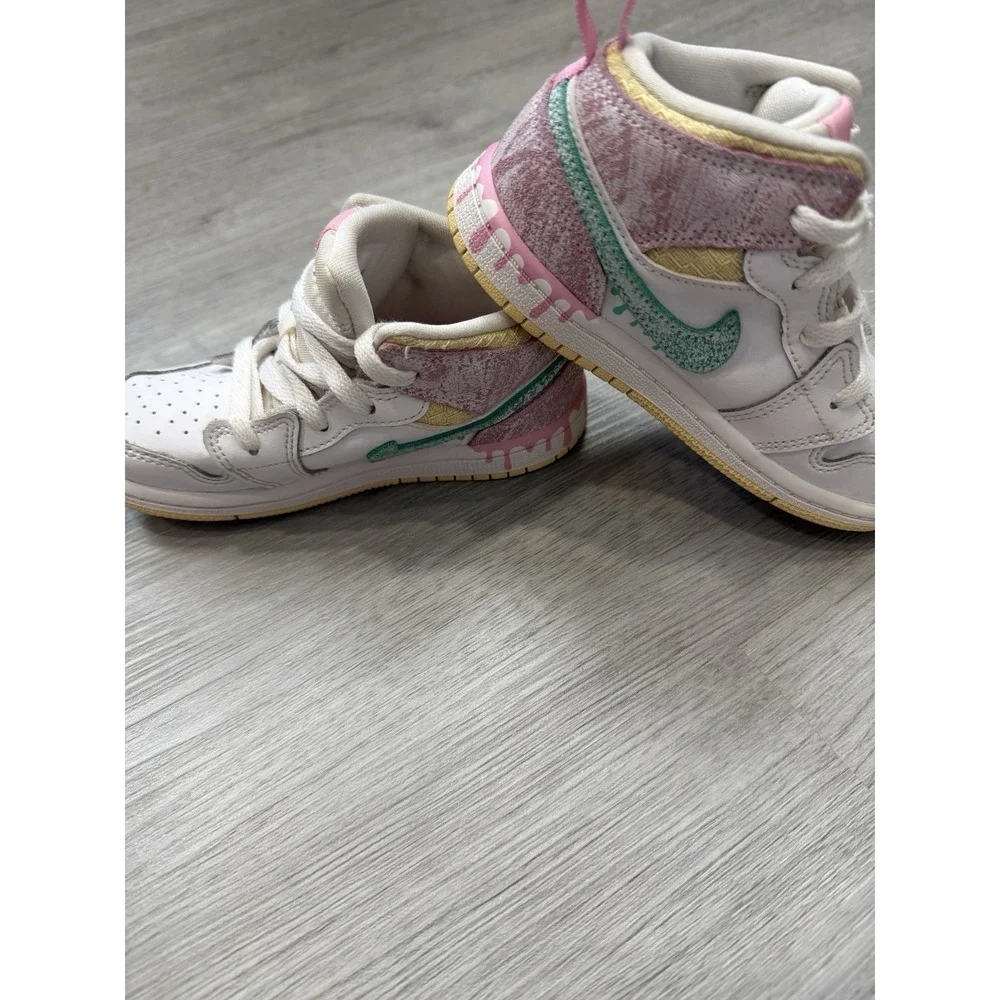 Nike Air Jordan 1 Shoes Mid Paint Drip Ice Cream White Pink Kids 9C Sneakers